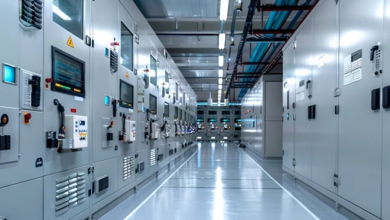 Automated biomanufacturing facility with control panels and cleanroom layout